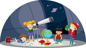 un bambino che guarda il pianeta con il telescopio all'osservatorio vettore