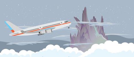 l'aeroplano vola nel cielo di notte vicino a una montagna e nuvole vettore design piatto illustrazione banner