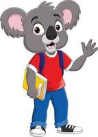 cartone animato divertente koala con zaino e libro agitando la mano vettore