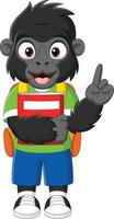 cartone animato felice gorilla con zaino e libro rivolto verso l'alto