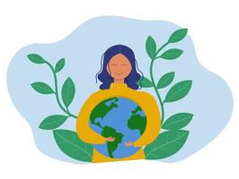 giornata mondiale della terra verde eco energia, giovane donna che abbraccia il pianeta terra con la giornata mondiale della terra e salva il pianeta concetto di conservazione, protezione e consumo ragionevole delle risorse naturali.