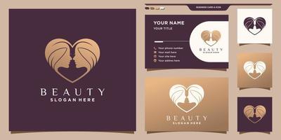 bellezza donna faccia logo con concetto di cuore e biglietto da visita design premium vector