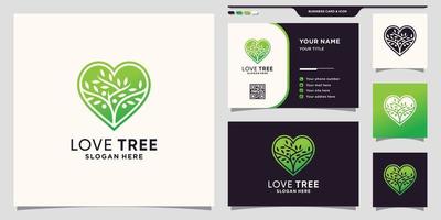 modello di logo dell'albero con il concetto di cuore e il vettore premium di design del biglietto da visita