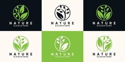 impostare il logo della natura e dell'albero con lo stile artistico al tratto e il vettore premium del concetto di cerchio unico