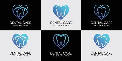 set di design del logo della clinica dentale con stile lineare del cuore e vettore premium del concetto di spazio negativo