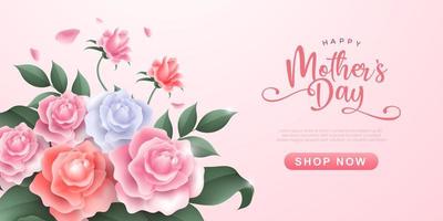 felice festa della mamma con bellissimi fiori su sfondo rosa tenue. disegno di illustrazione vettoriale vintage biglietto di auguri o invito per la festa della mamma, San Valentino e matrimonio