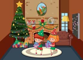 bambini che festeggiano il Natale a casa vettore