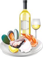 set di frutti di mare e vino bianco vettore