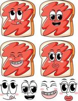 set di espressione facciale in stile vintage cartone animato con marmellata di pane su sfondo bianco vettore