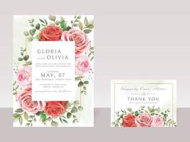 modello di carta di inviti di nozze romantico fiori rossi e rosa vettore