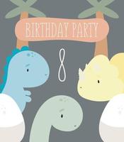 festa di compleanno, biglietto di auguri, invito a una festa. illustrazione per bambini con simpatici dinosauri e il numero otto. illustrazione vettoriale in stile cartone animato.