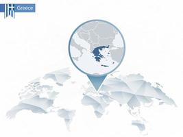 mappa del mondo arrotondata astratta con mappa dettagliata della grecia appuntata. vettore