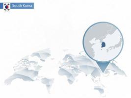 mappa del mondo arrotondata astratta con mappa dettagliata della Corea del Sud appuntata. vettore