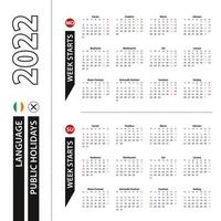 due versioni del calendario 2022 in irlandese, la settimana inizia dal lunedì e la settimana inizia dalla domenica. vettore