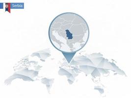 mappa del mondo arrotondata astratta con mappa dettagliata della serbia appuntata. vettore