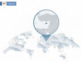 mappa del mondo arrotondata astratta con mappa dettagliata di Cipro appuntata. vettore
