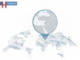 mappa del mondo arrotondata astratta con mappa dettagliata del Libano appuntata. vettore