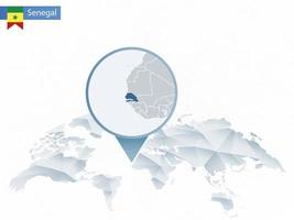 mappa del mondo arrotondata astratta con mappa dettagliata del senegal appuntata. vettore