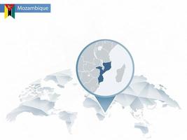 mappa del mondo arrotondata astratta con mappa dettagliata del Mozambico appuntata. vettore