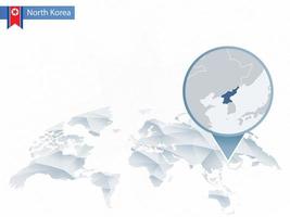 mappa del mondo arrotondata astratta con mappa dettagliata della Corea del Nord appuntata. vettore