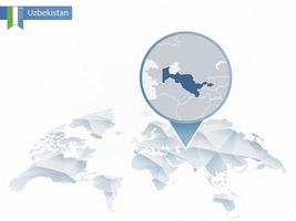 mappa del mondo arrotondata astratta con mappa dettagliata dell'uzbekistan appuntata. vettore