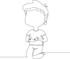 il disegno a tratteggio continuo del bambino usa il joystick e gioca. illustrazione vettoriale. vettore