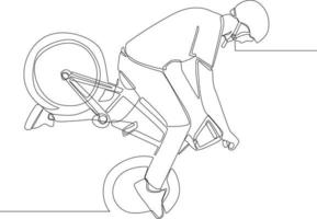 semplice disegno a linea continua giovane ciclista esegue trick freestyle su strada. illustrazione vettoriale. vettore