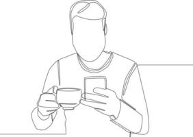 una linea continua disegna un uomo che beve un caffè e legge un messaggio nello smartphone. illustrazione grafica vettoriale di disegno a linea singola.