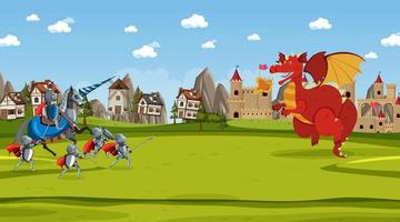 scena di battaglia medievale in stile cartone animato vettore
