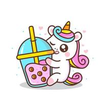 simpatico unicorno che abbraccia il tè alle bolle vettore