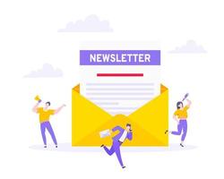 iscriviti ora alla nostra illustrazione vettoriale di newsletter con persone minuscole che lavorano con buste e newsletter.