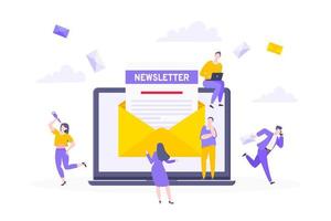 iscriviti ora alla nostra illustrazione vettoriale di newsletter con persone minuscole che lavorano con laptop, buste e newsletter.