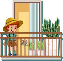 un ragazzo che innaffia le piante e sta in piedi sul balcone vettore
