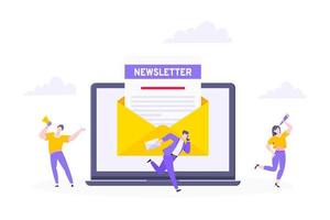 iscriviti ora alla nostra illustrazione vettoriale di newsletter con persone minuscole che lavorano con laptop, buste e newsletter.