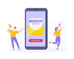 iscriviti ora alla nostra illustrazione vettoriale di newsletter con persone minuscole che lavorano con smartphone, buste e newsletter.