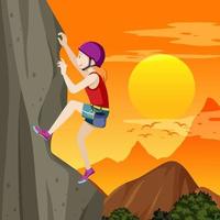 scalatore di roccia sulla scogliera al tramonto vettore