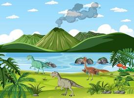 scena della natura con alberi sulle montagne con dinosauro vettore