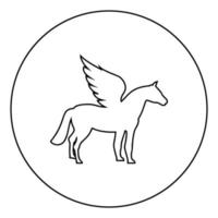 pegasus cavallo alato silhouette creatura mitica favolosa icona animale in cerchio contorno rotondo colore nero illustrazione vettoriale piatto stile immagine