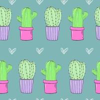 cactus carino disegnato a mano con motivo a cuori senza cuciture. famiglia di cactus di carta verde. trama per san valentino, bambini. vettore