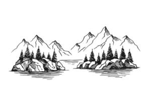 montagna con alberi di pino e paesaggio lacustre. illustrazione disegnata a mano convertita in vettore. vettore
