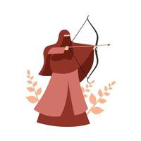 illustrazione vettoriale di una donna musulmana araba che indossa un niqab, facendo tiro con l'arco.