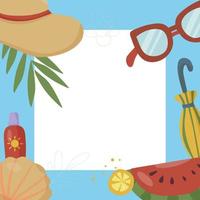 cornice quadrata per con cose per le vacanze estive e frutta. foglie di palma. concetto di vacanza e festa in spiaggia vettore