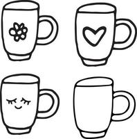 tazza carina con occhi e sorriso disegnato a mano in stile doodle. insieme di elementi di grafica vettoriale hygge scandinavo. tè, caffè, casa, caffè. icona del design, carta