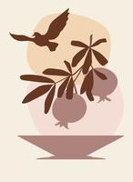 arte astratta della parete botanica. ramo di melograno sopra il vaso. uccello che vola nel cielo. simbolo di pace. sullo sfondo di semplici forme geometriche. vettore