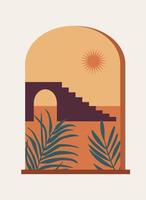 composizione astratta moderna. poster in stile boho minimalista. mistica finestra ad arco. paesaggio astratto, sole e foglie di palma. colori terracotta. stampa da parete per l'arredamento della casa vettore