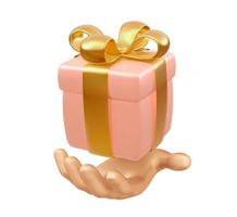 confezione regalo in mano. confezione regalo rosa 3d realistica con fiocco oro isolato su sfondo bianco. decorazione natalizia presente. sorpresa regalo festiva. illustrazione vettoriale. vettore