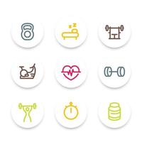 icone della linea fitness, contorno spesso, allenamento, simbolo fitness, allenamento, set di icone fitness rotonde, illustrazione vettoriale