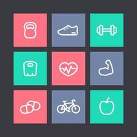 icone linea spessa fitness, stile di vita sano, allenamento, allenamento, icone lineari bicipiti sui quadrati, illustrazione vettoriale