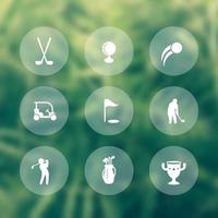 icone di golf, mazze da golf, giocatore di golf, sacca da golf, segni di golf, icone trasparenti, illustrazione vettoriale