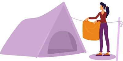 donna con asciugamano in piedi vicino a tenda da campeggio colore semi piatto carattere vettoriale